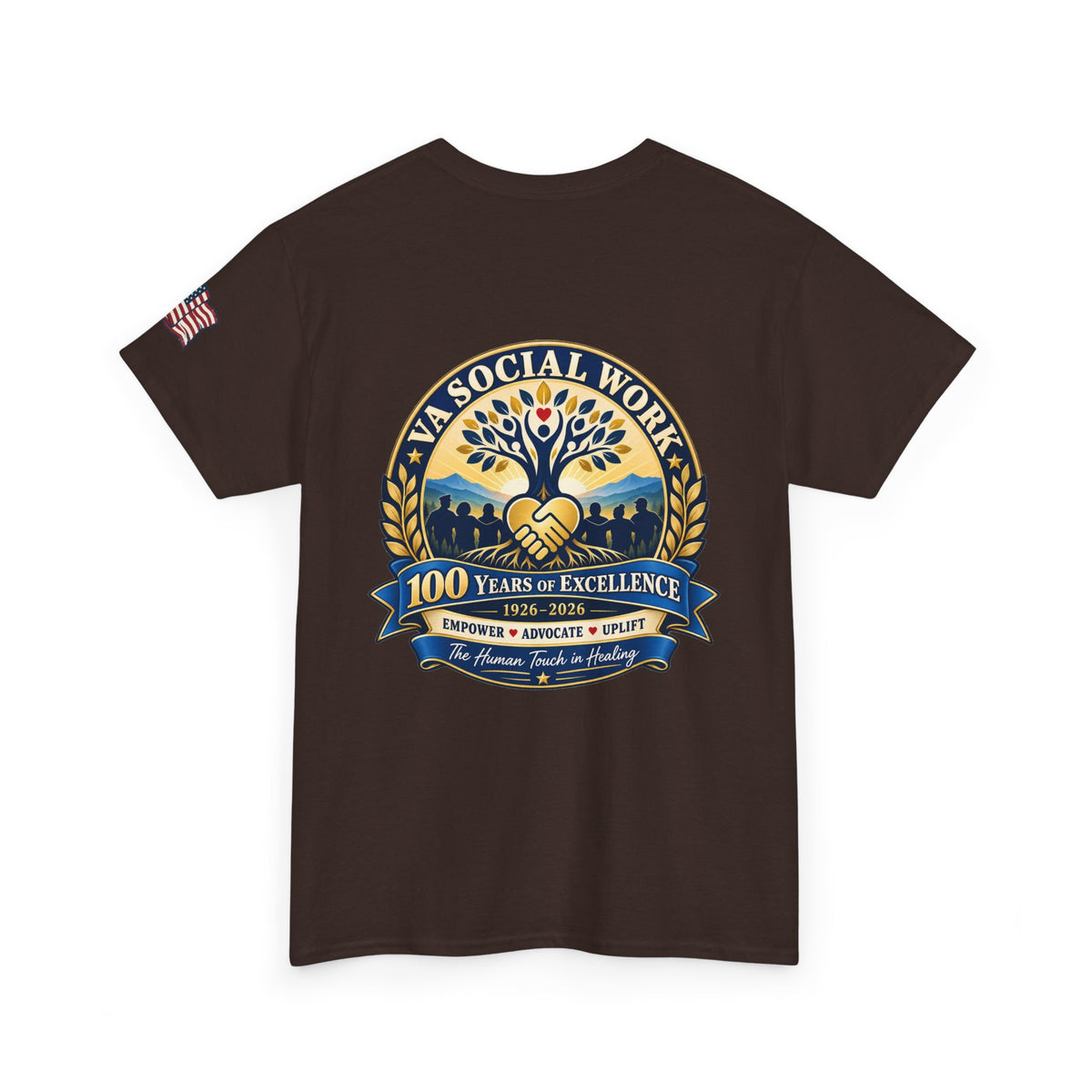 VA Social Work 100th Anniversary T-Shirt — Empower Advocate Uplift (American Flag Sleeve)