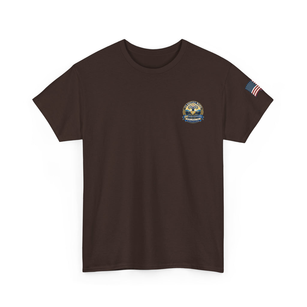 VA Social Work 100th Anniversary T-Shirt — Empower Advocate Uplift (American Flag Sleeve)
