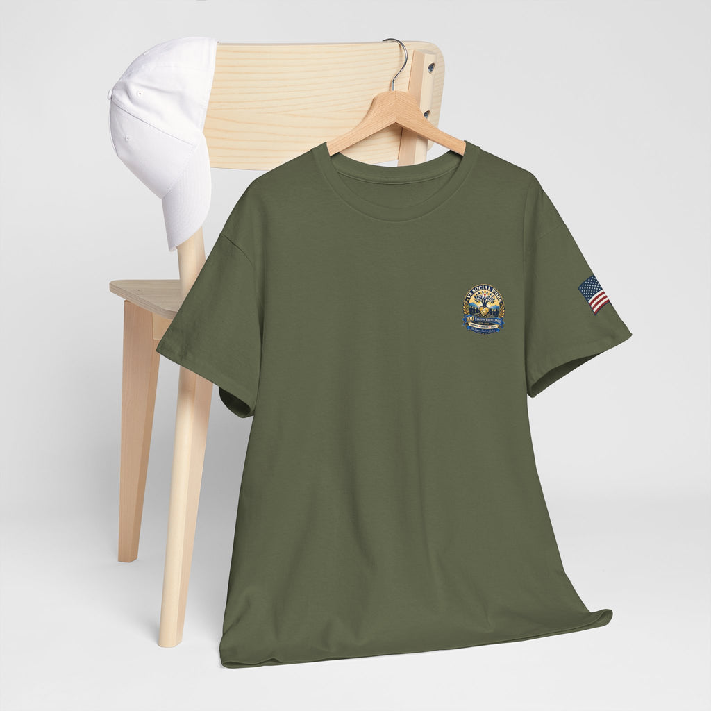 VA Social Work 100th Anniversary T-Shirt — Empower Advocate Uplift (American Flag Sleeve)