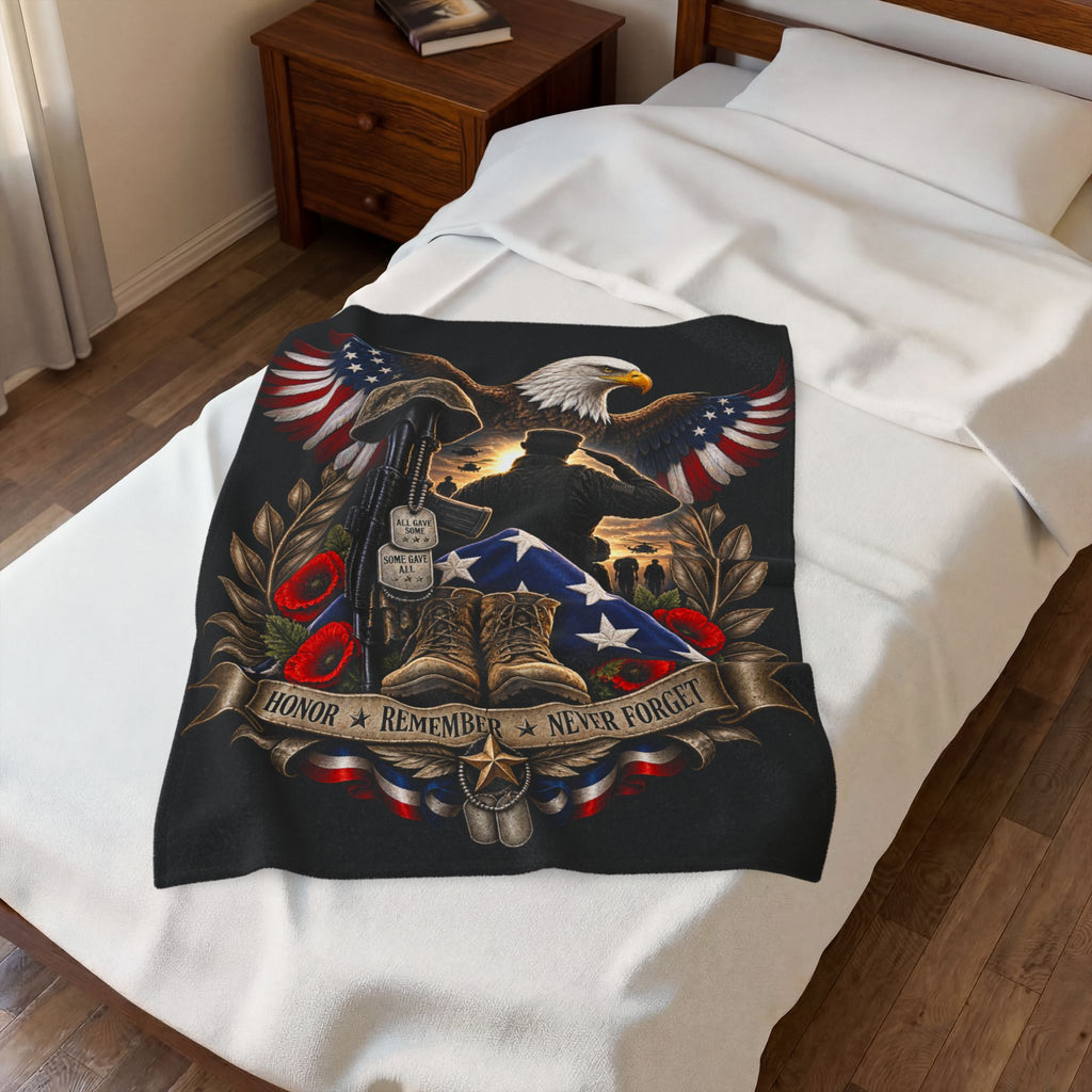 Patriotic Military Memorial Velveteen Plush Blanket — "Honor • Remember • Never Forget"