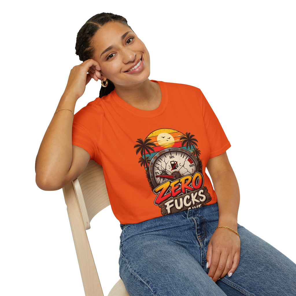 Zero Fucks to Give T-Shirt — Retro Sunset Palm Fuel Gauge Graphic Tee