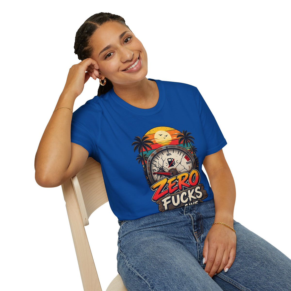 Zero Fucks to Give T-Shirt — Retro Sunset Palm Fuel Gauge Graphic Tee