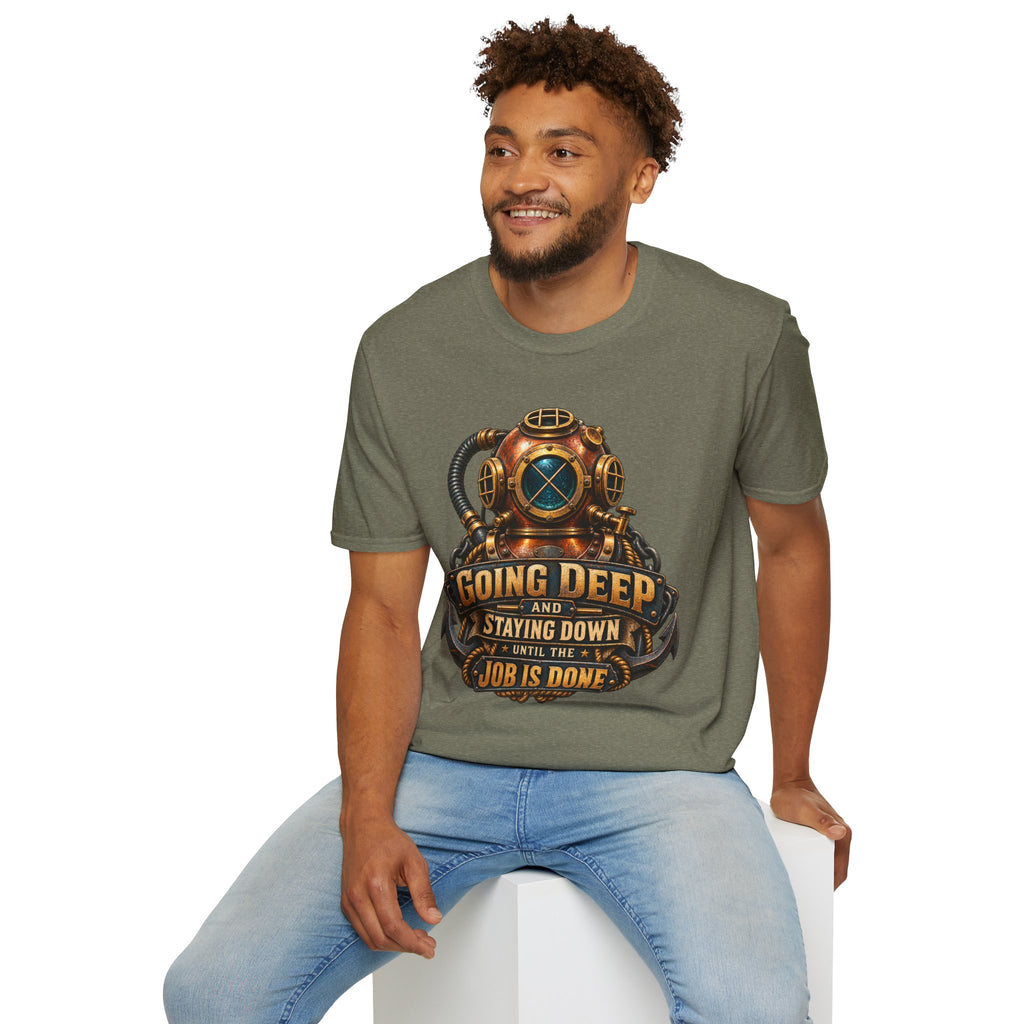 Diver Helmet T‑Shirt — "Going Deep and Staying Down" Vintage Scuba Tee