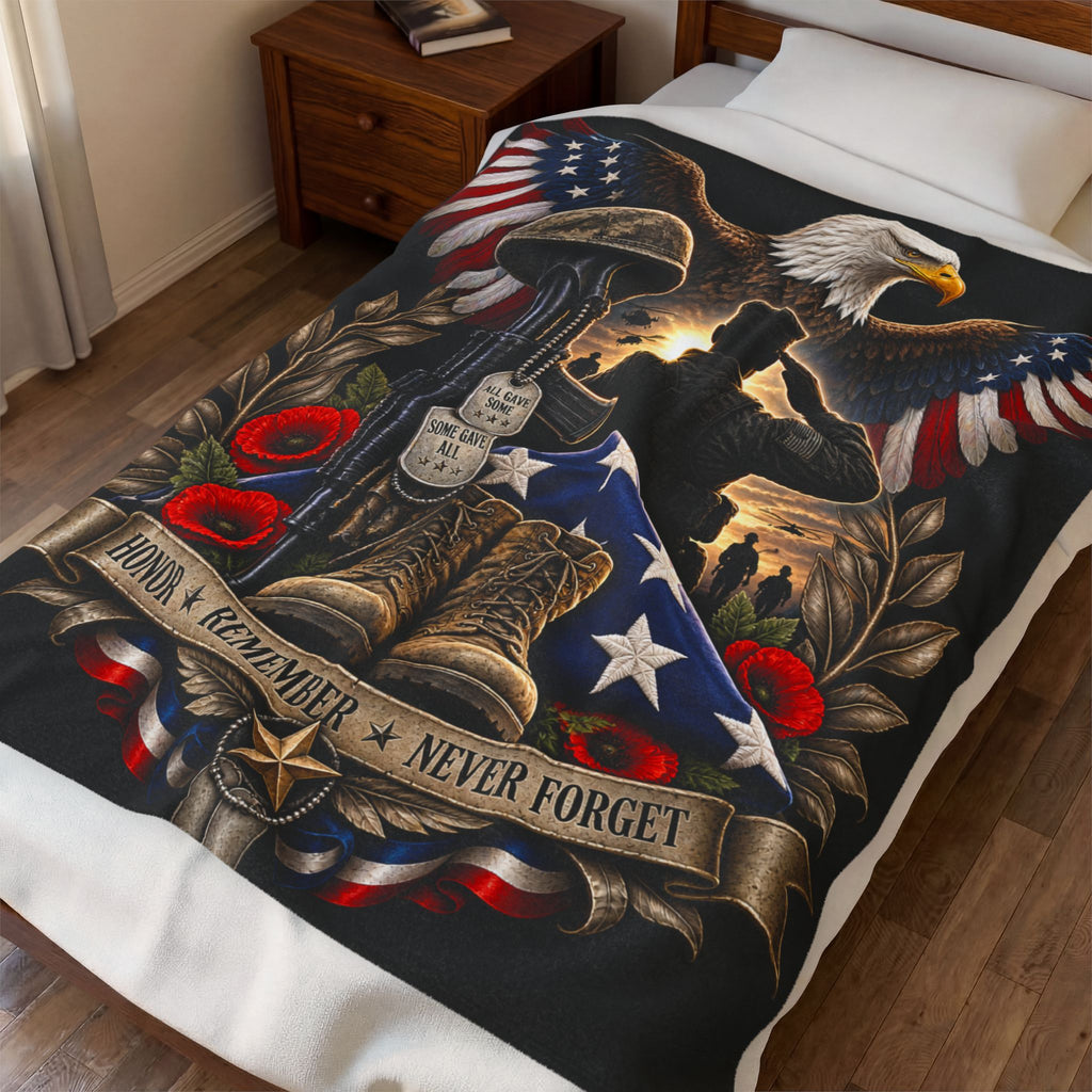 Patriotic Military Memorial Velveteen Plush Blanket — "Honor • Remember • Never Forget"