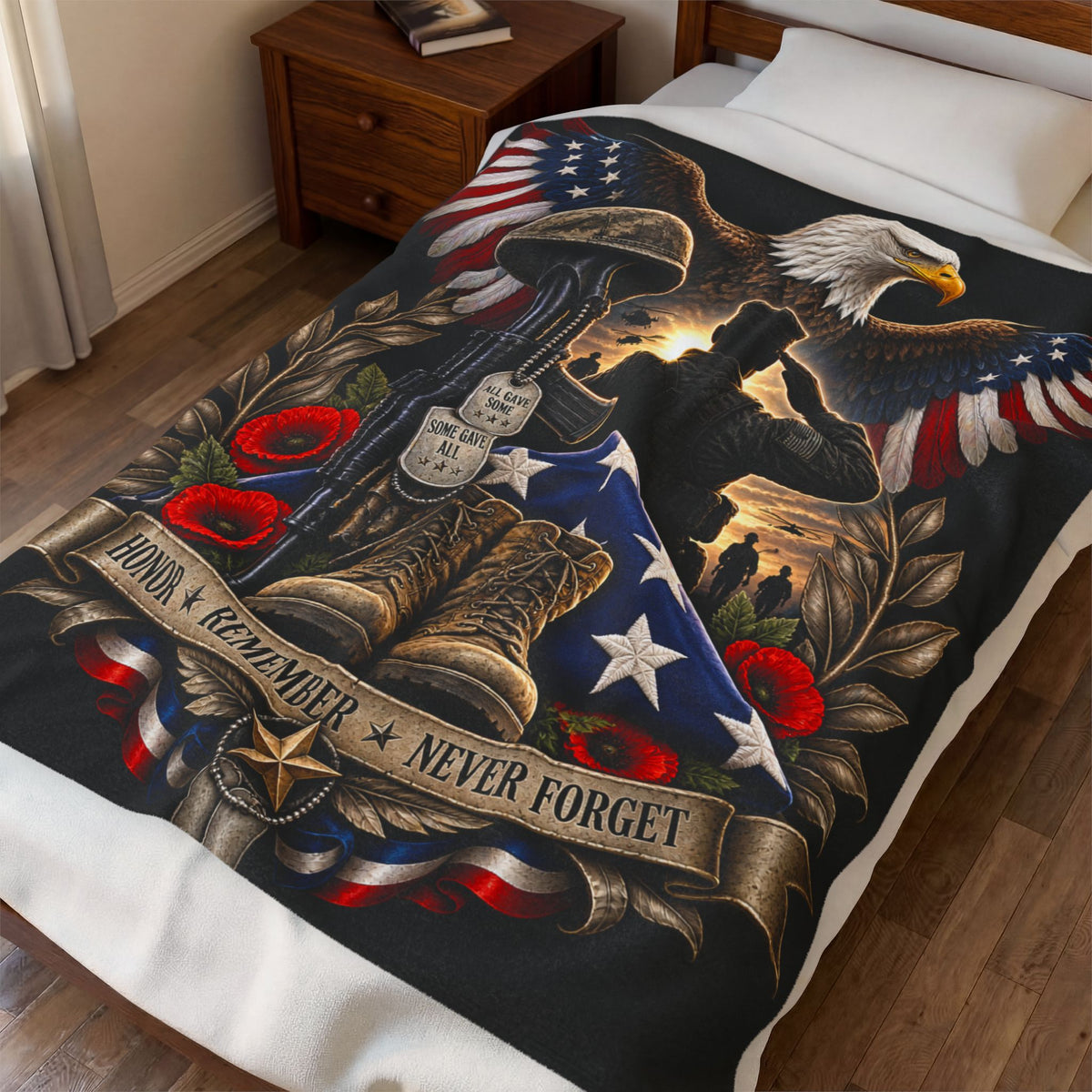 Patriotic Military Memorial Velveteen Plush Blanket — "Honor • Remember • Never Forget"