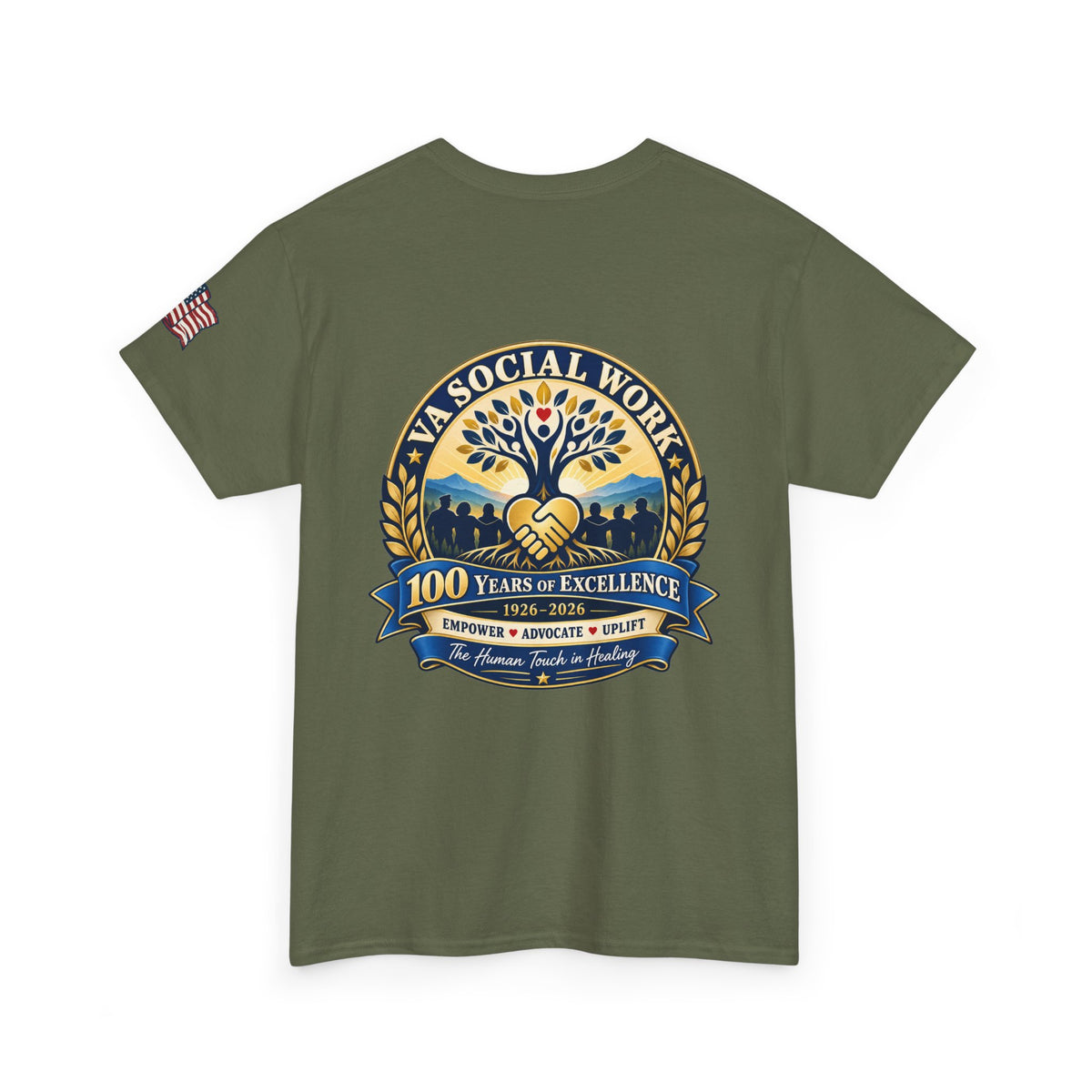VA Social Work 100th Anniversary T-Shirt — Empower Advocate Uplift (American Flag Sleeve)