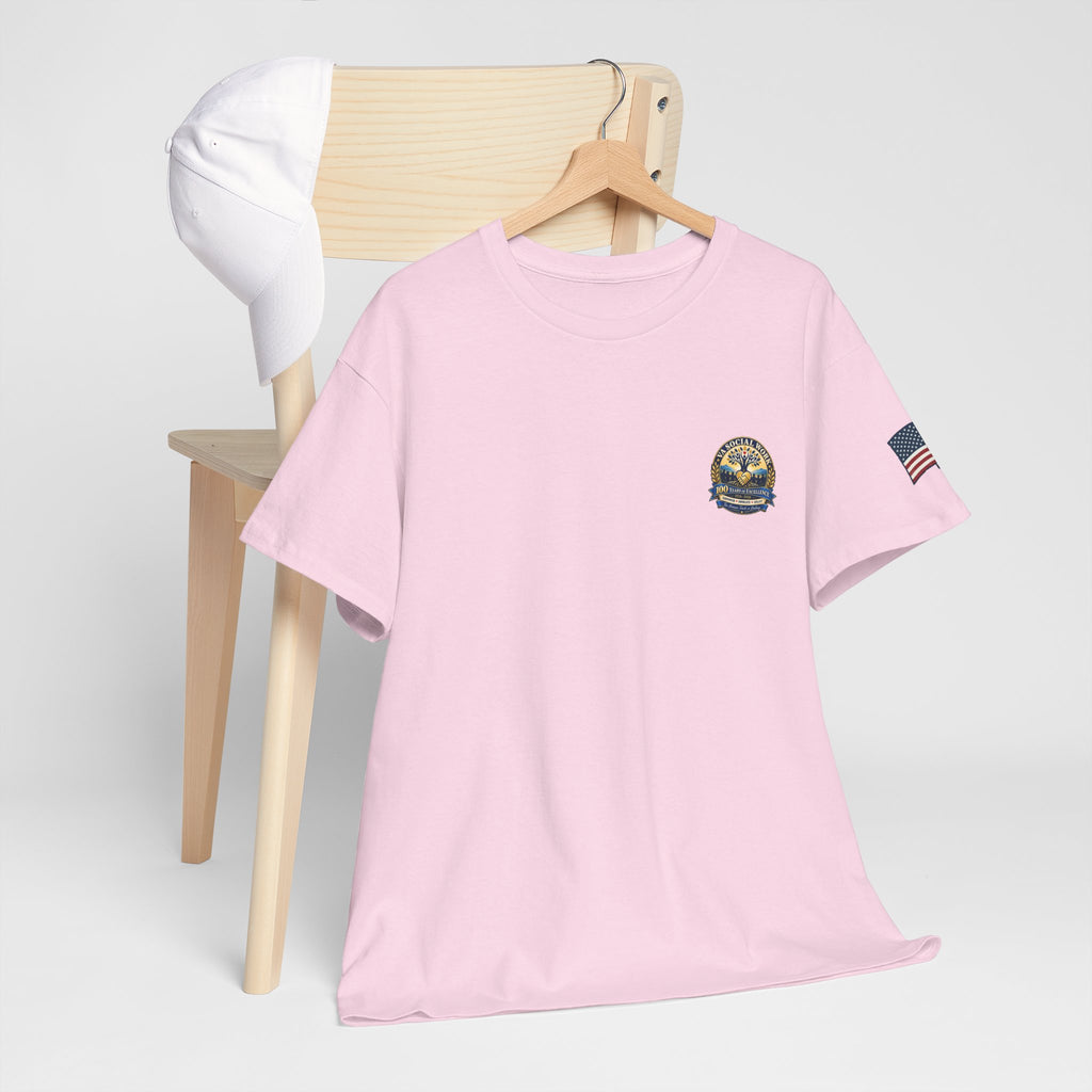 VA Social Work 100th Anniversary T-Shirt — Empower Advocate Uplift (American Flag Sleeve)