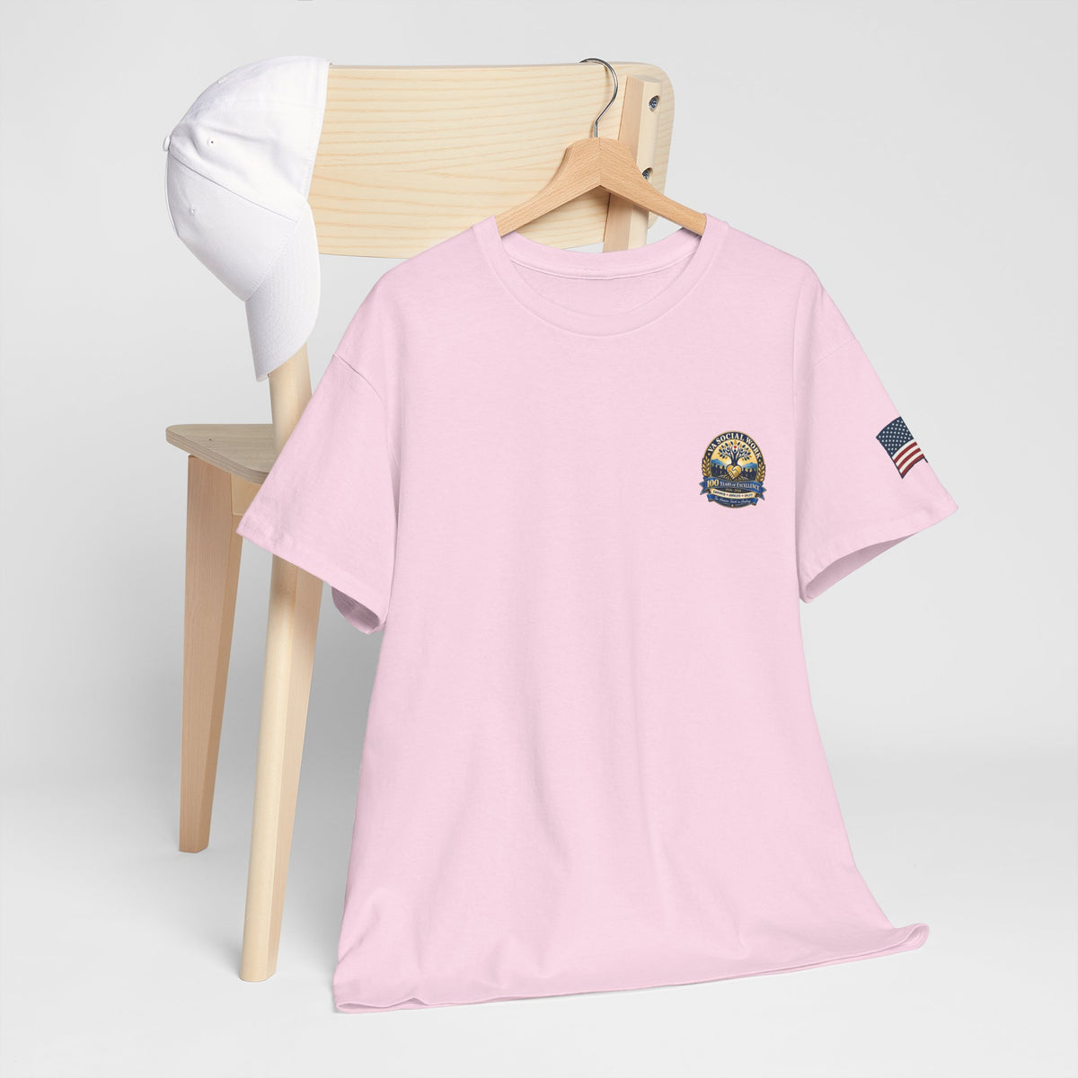 VA Social Work 100th Anniversary T-Shirt — Empower Advocate Uplift (American Flag Sleeve)