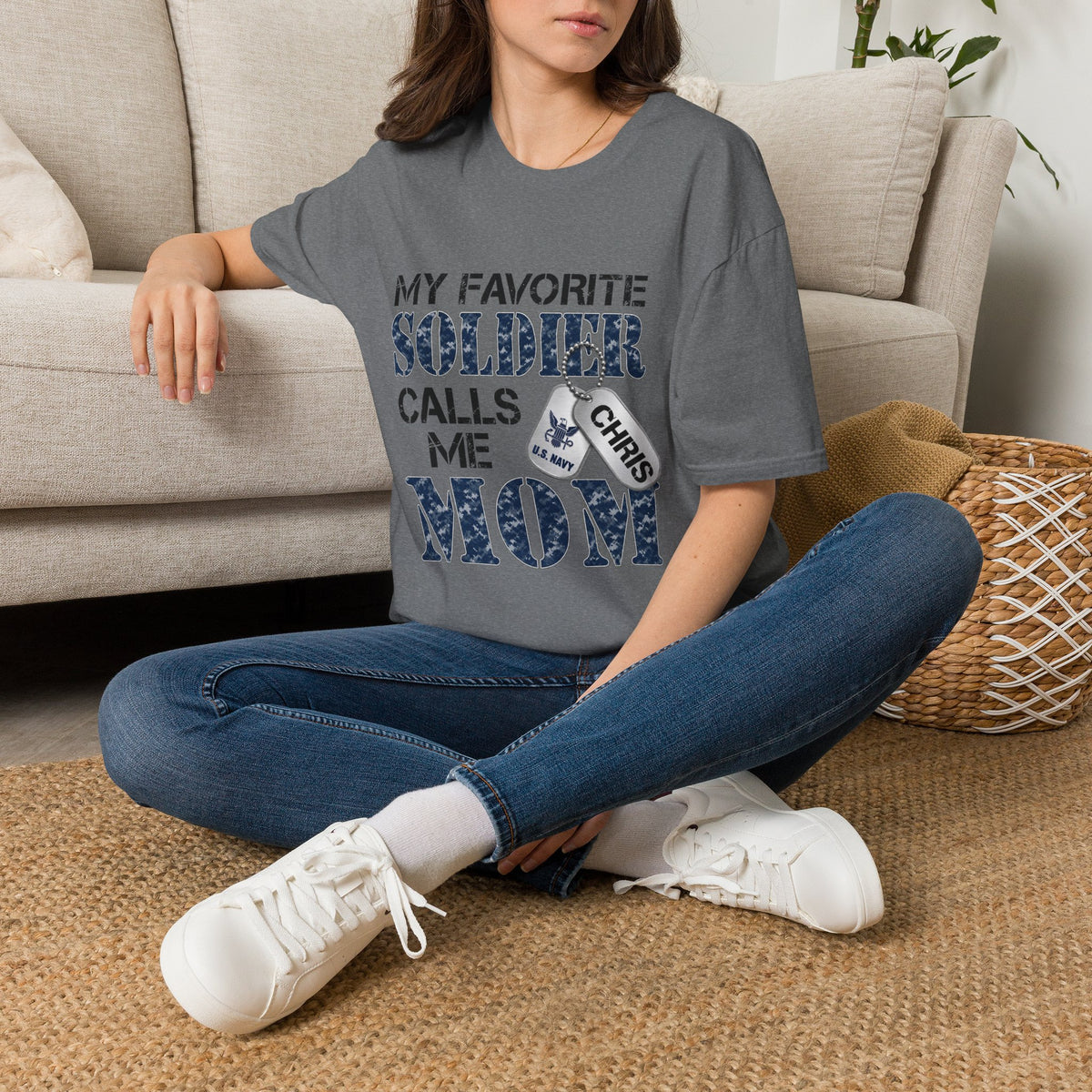 Soldier Calls Me Mom "Navy" T‑Shirt — My Favorite Soldier Dog Tag Military Mom Tee
