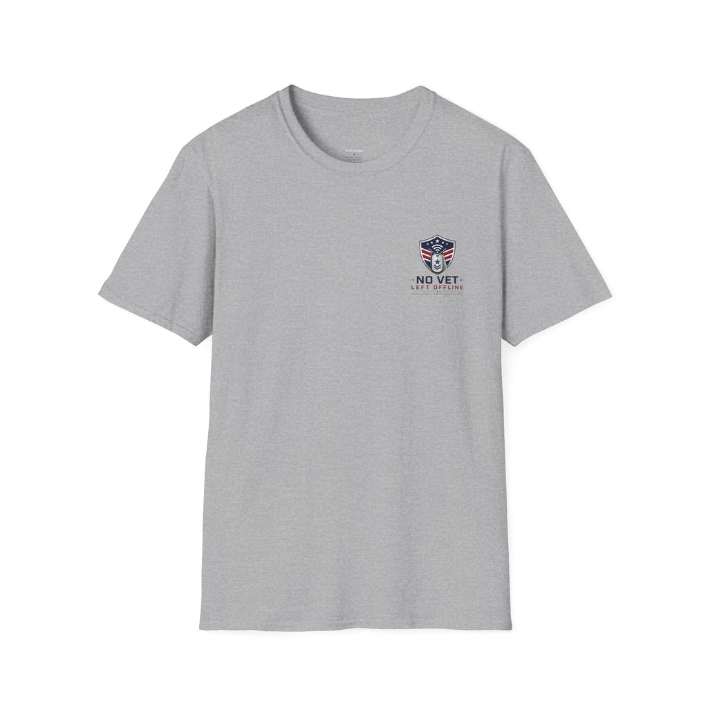T-Shirt — "No Vet, Left Offline" American Flag Shield Veteran Tee