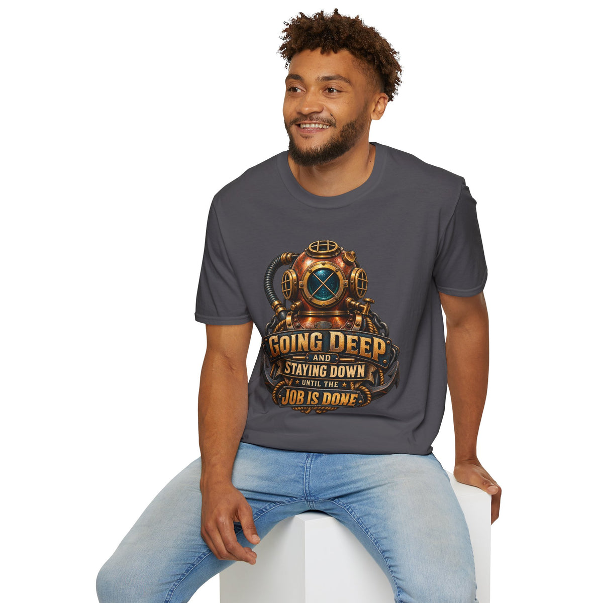 Diver Helmet T‑Shirt — "Going Deep and Staying Down" Vintage Scuba Tee