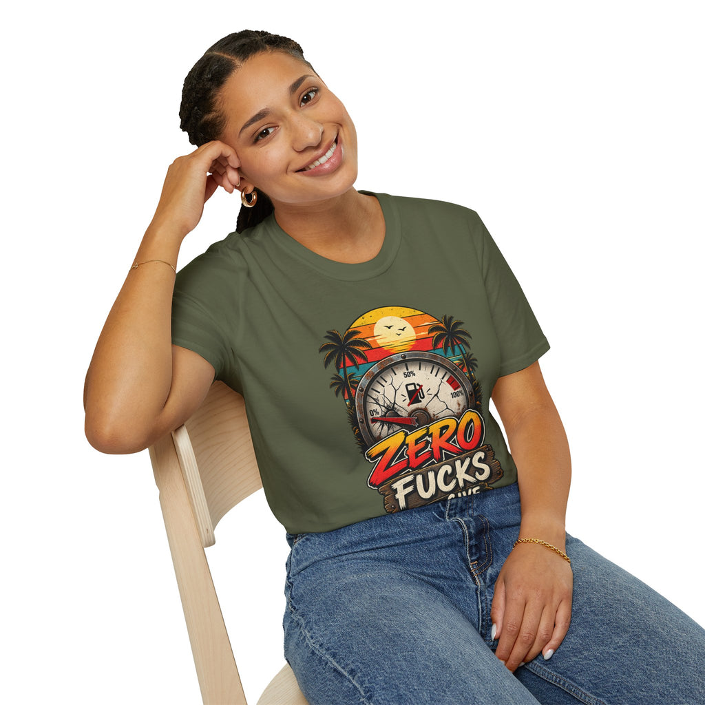 Zero Fucks to Give T-Shirt — Retro Sunset Palm Fuel Gauge Graphic Tee