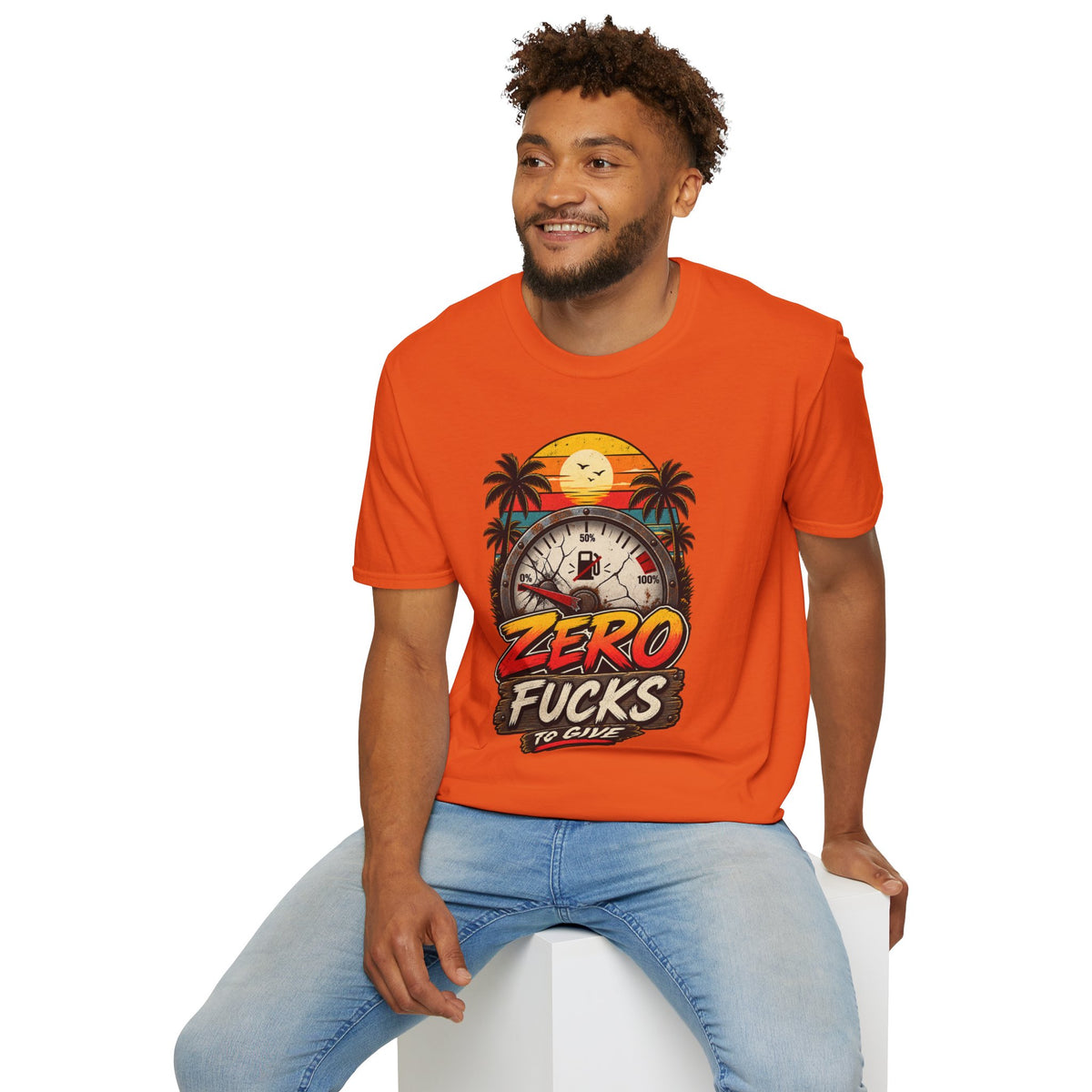 Zero Fucks to Give T-Shirt — Retro Sunset Palm Fuel Gauge Graphic Tee