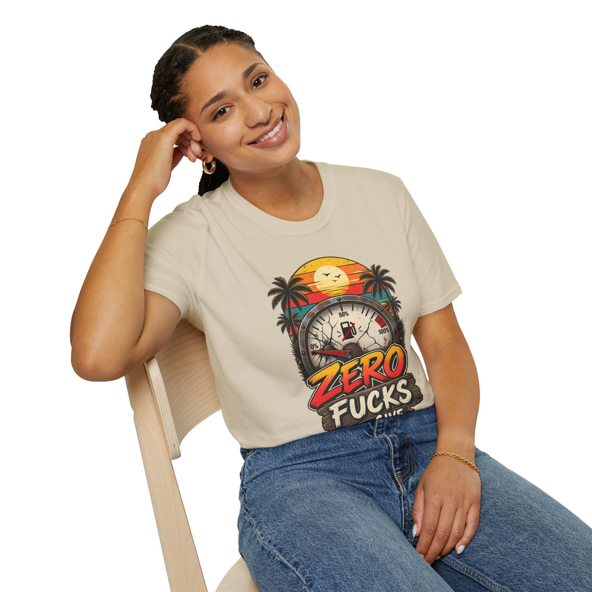 Zero Fucks to Give T-Shirt — Retro Sunset Palm Fuel Gauge Graphic Tee