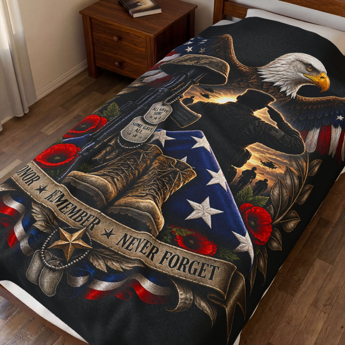 Patriotic Military Memorial Velveteen Plush Blanket — "Honor • Remember • Never Forget"