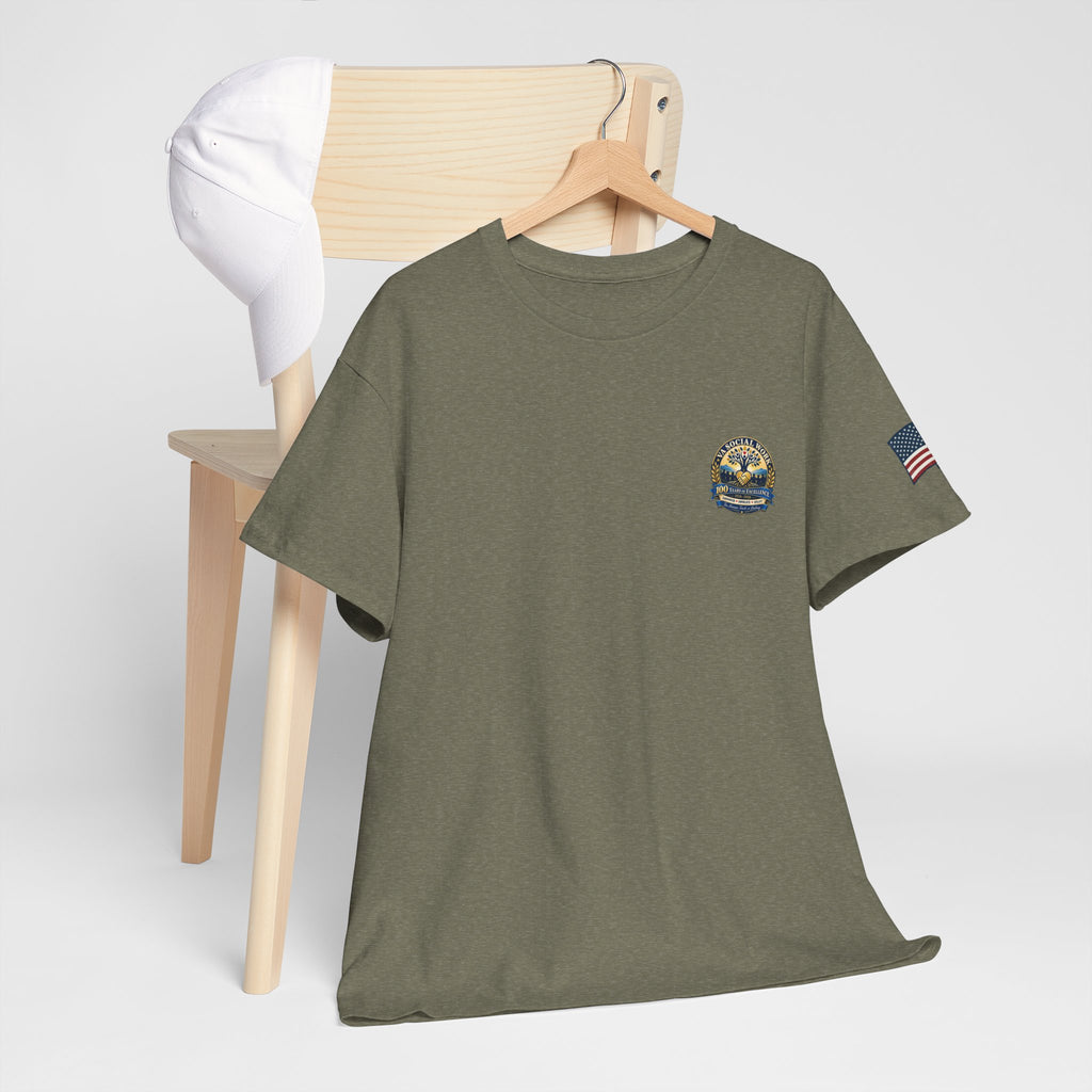 VA Social Work 100th Anniversary T-Shirt — Empower Advocate Uplift (American Flag Sleeve)