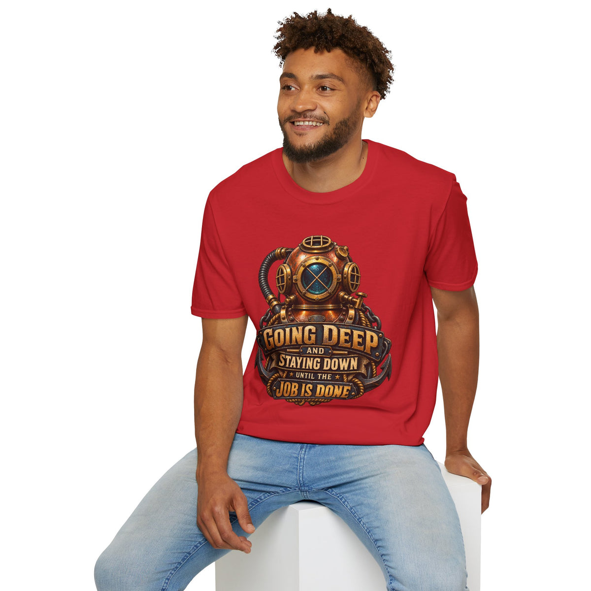 Diver Helmet T‑Shirt — "Going Deep and Staying Down" Vintage Scuba Tee