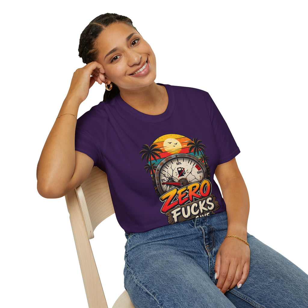 Zero Fucks to Give T-Shirt — Retro Sunset Palm Fuel Gauge Graphic Tee