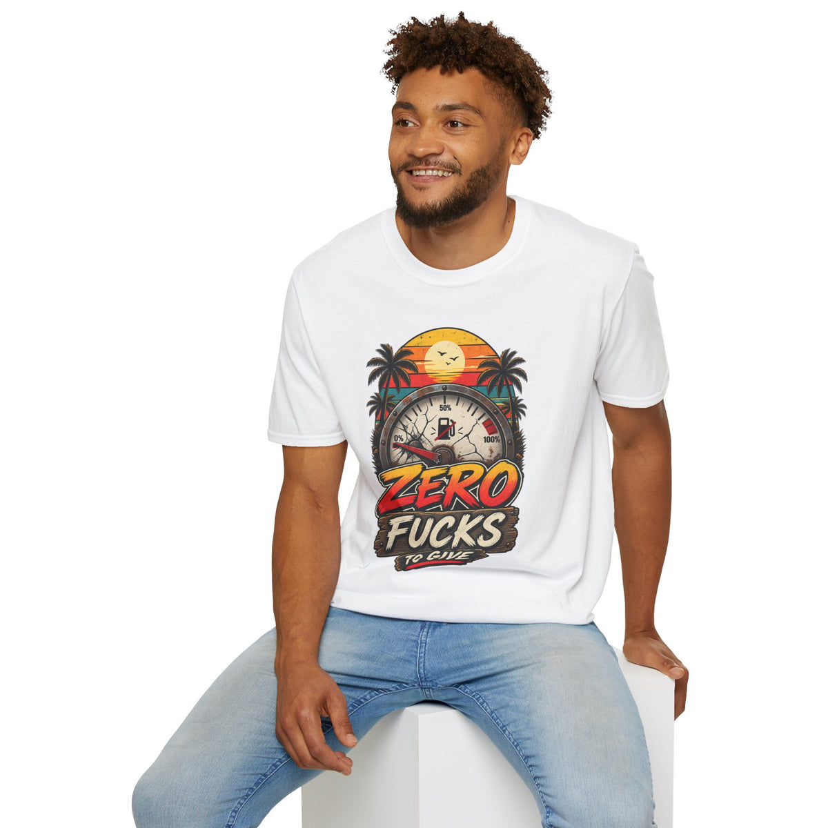 Zero Fucks to Give T-Shirt — Retro Sunset Palm Fuel Gauge Graphic Tee