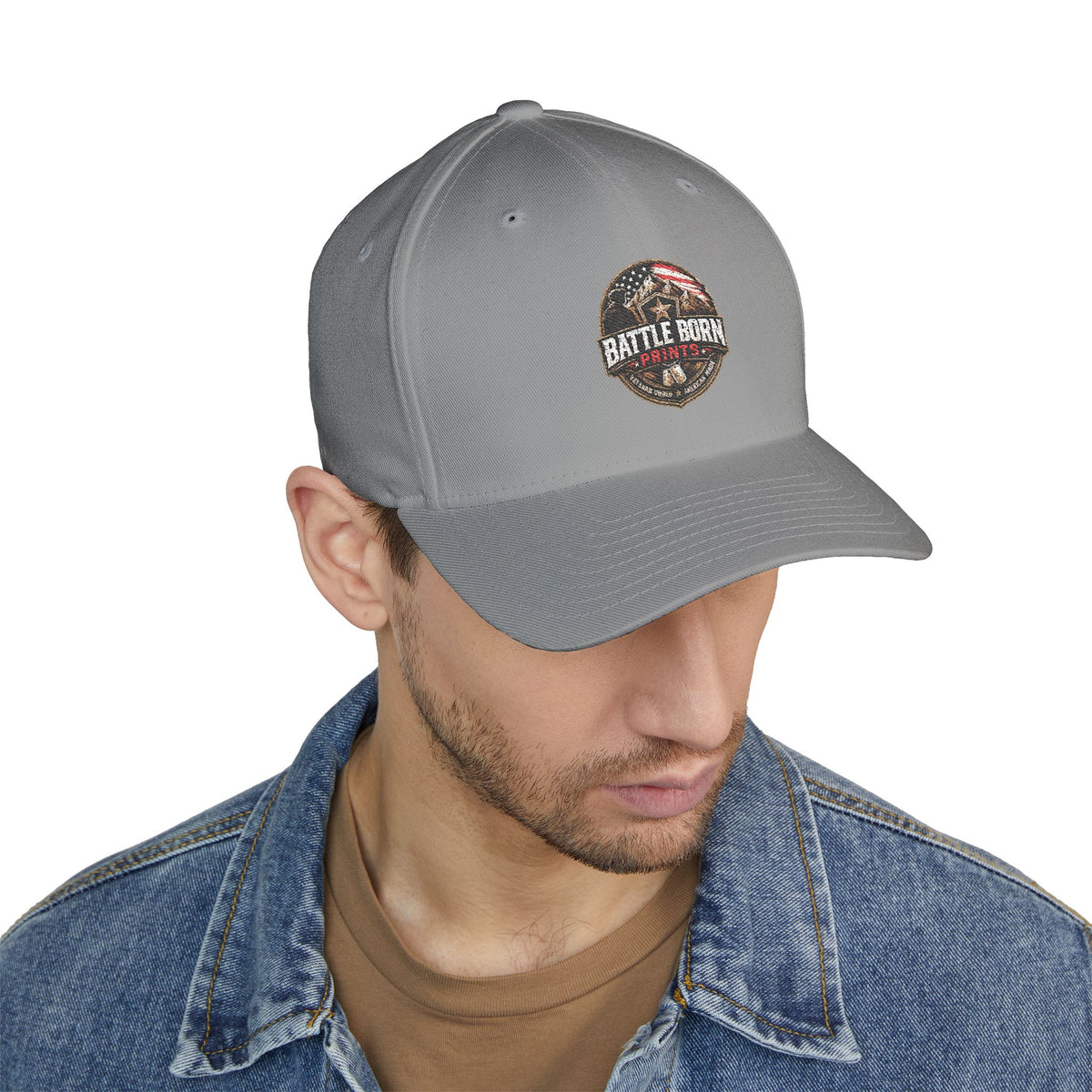 Battle Born Prints FlexFit Embroidered Cap — American Flag Patch Hat
