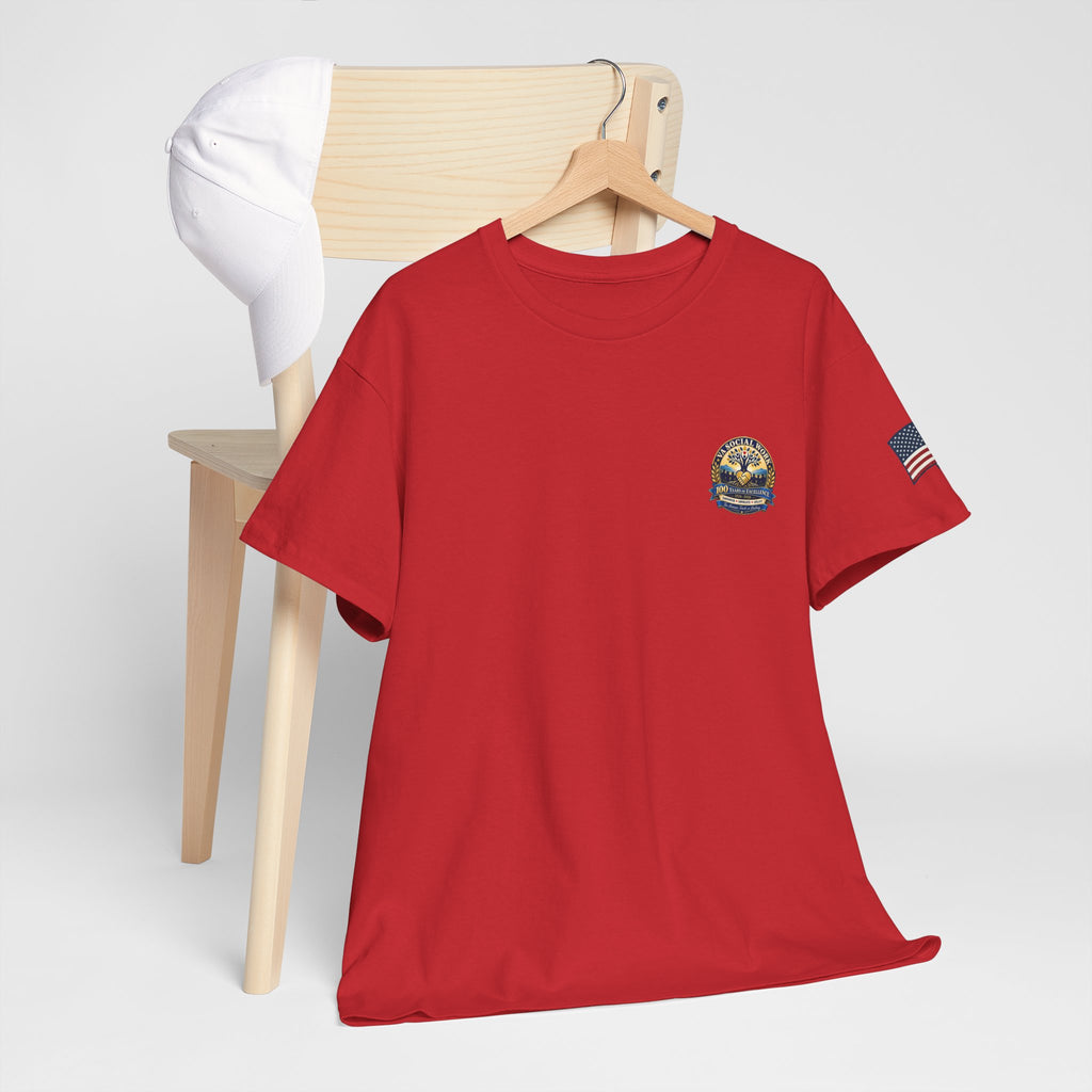 VA Social Work 100th Anniversary T-Shirt — Empower Advocate Uplift (American Flag Sleeve)