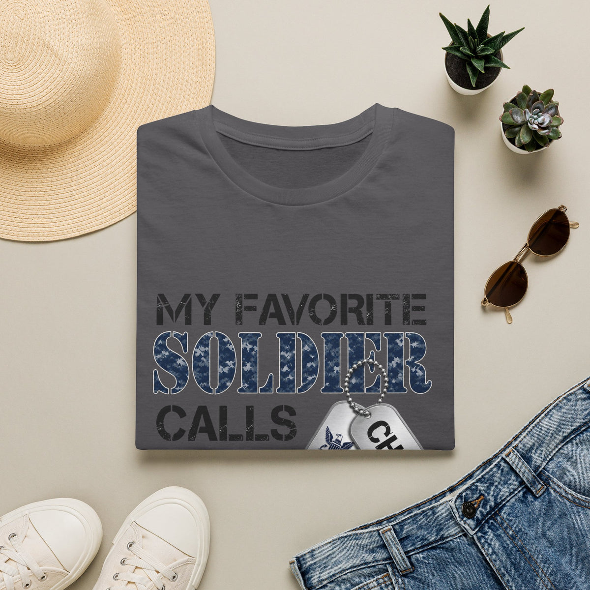 Soldier Calls Me Mom "Navy" T‑Shirt — My Favorite Soldier Dog Tag Military Mom Tee