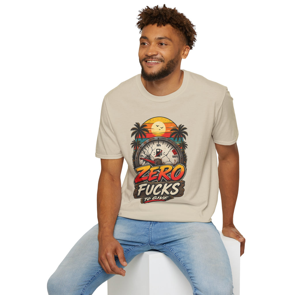 Zero Fucks to Give T-Shirt — Retro Sunset Palm Fuel Gauge Graphic Tee