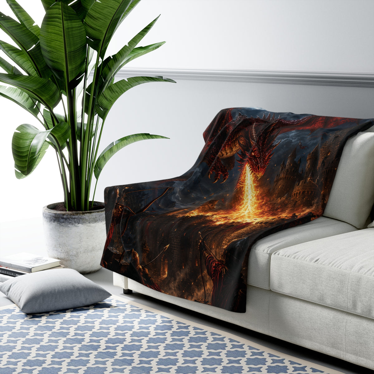 Dragon Fire Sherpa Blanket — Fantasy Castle Battle Fleece Throw