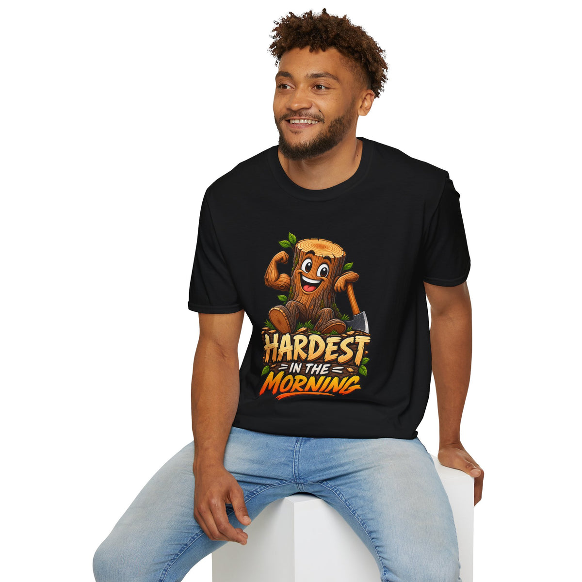Hardest in the Morning T-Shirt — Funny Muscular Tree Stump Graphic
