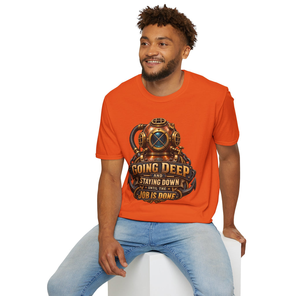 Diver Helmet T‑Shirt — "Going Deep and Staying Down" Vintage Scuba Tee