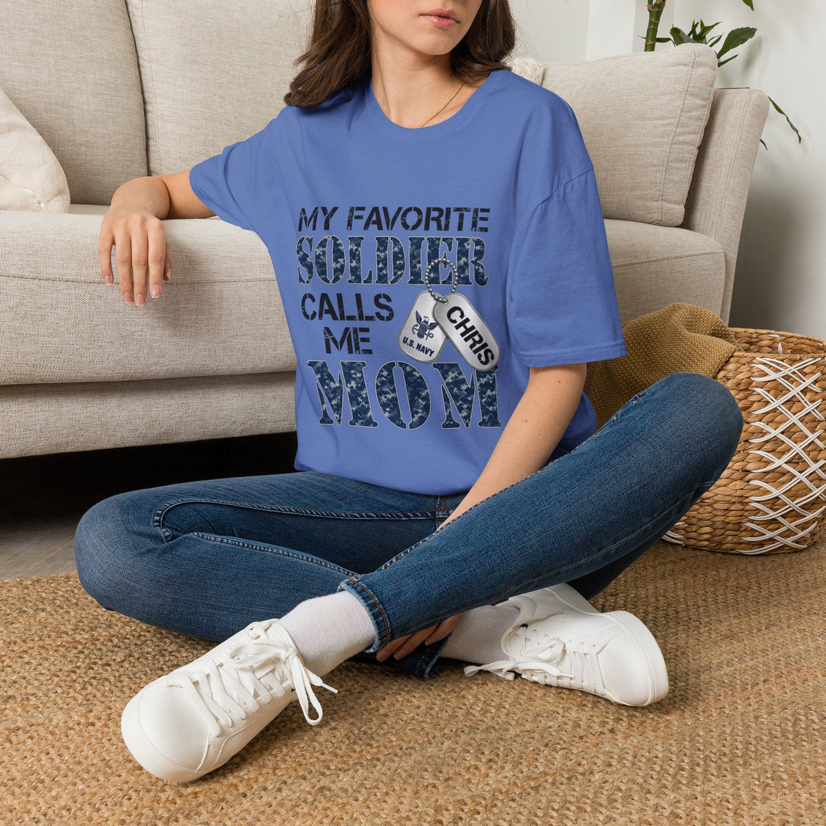 Soldier Calls Me Mom "Navy" T‑Shirt — My Favorite Soldier Dog Tag Military Mom Tee
