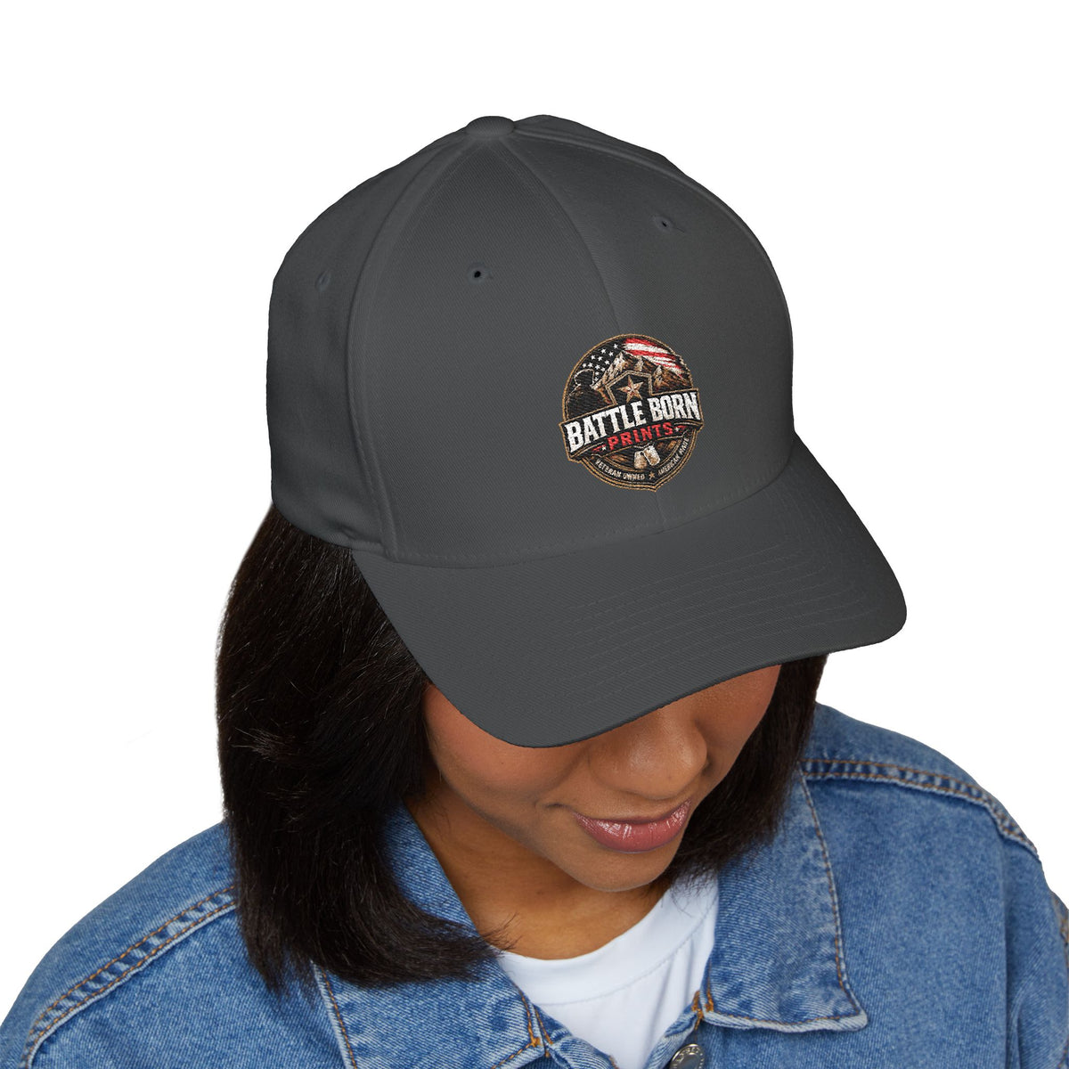 Battle Born Prints FlexFit Embroidered Cap — American Flag Patch Hat
