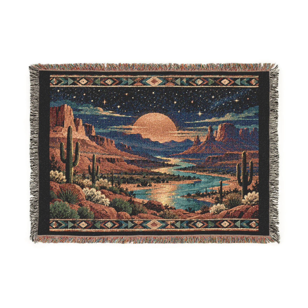 Desert Sunset Woven Blanket — Southwestern Scenic Throw with Moonlit Canyon Design - Battle Born Prints