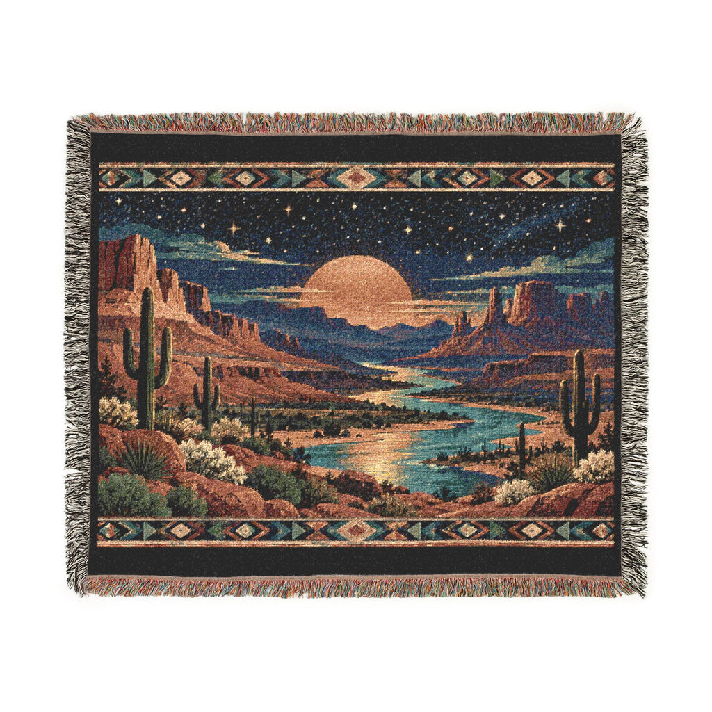 Desert Sunset Woven Blanket — Southwestern Scenic Throw with Moonlit Canyon Design - Battle Born Prints