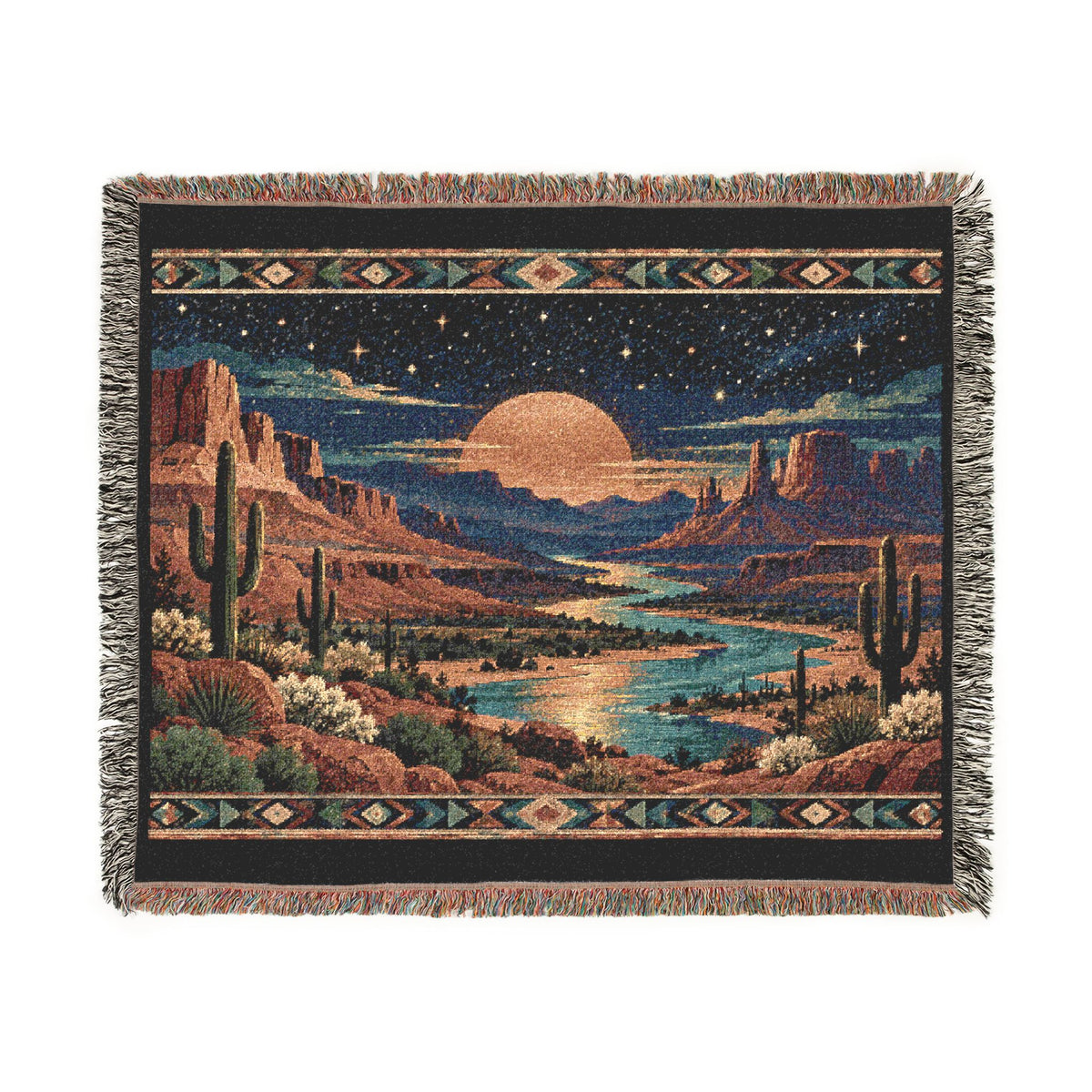 Desert Sunset Woven Blanket — Southwestern Scenic Throw with Moonlit Canyon Design - Battle Born Prints
