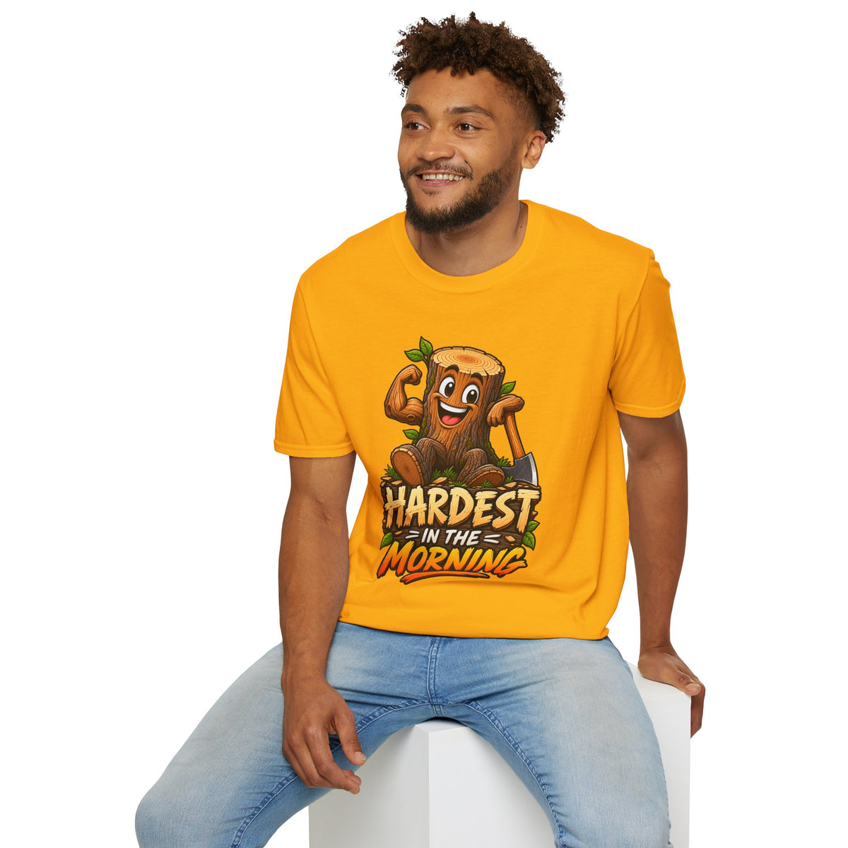 Hardest in the Morning T-Shirt — Funny Muscular Tree Stump Graphic