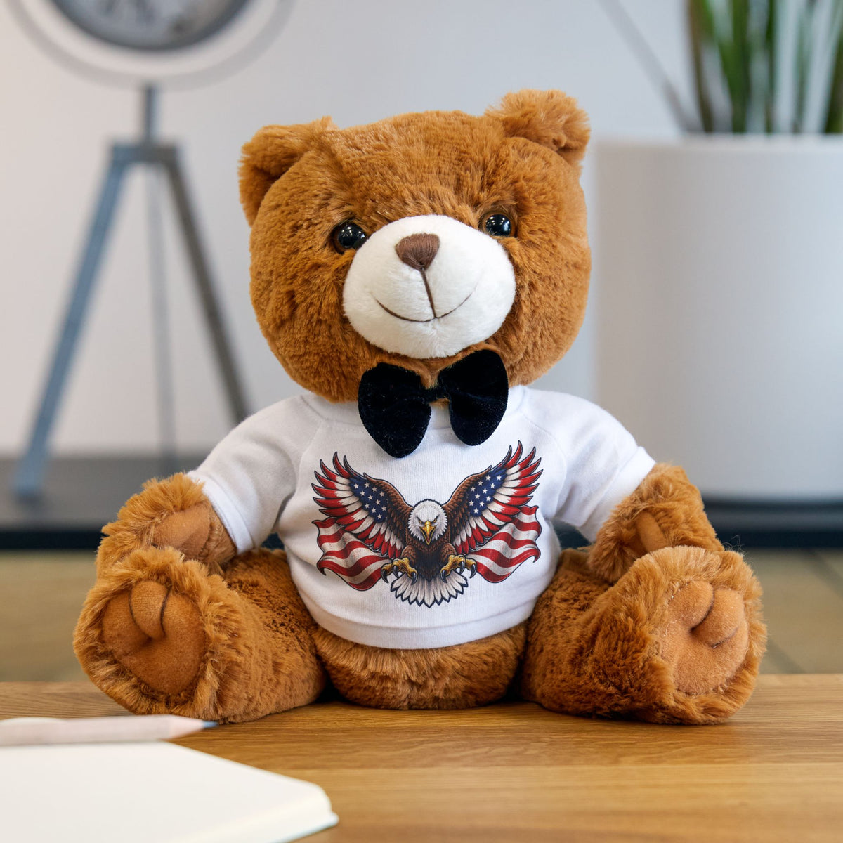 Patriotic Eagle Teddy Bear Plush with Flag T-Shirt - Your Perfect Cuddle Buddy