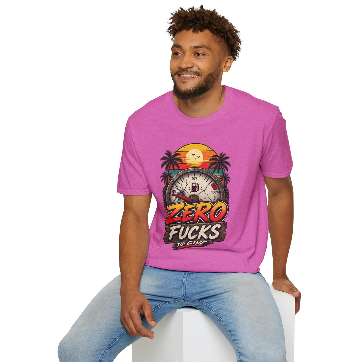 Zero Fucks to Give T-Shirt — Retro Sunset Palm Fuel Gauge Graphic Tee