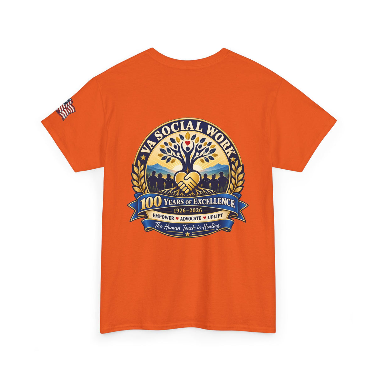VA Social Work 100th Anniversary T-Shirt — Empower Advocate Uplift (American Flag Sleeve)