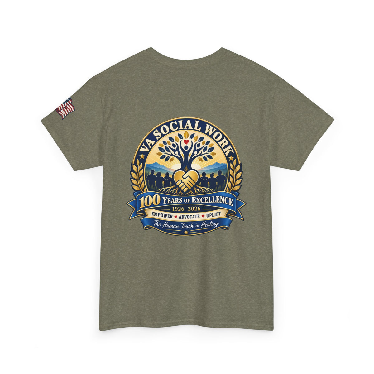 VA Social Work 100th Anniversary T-Shirt — Empower Advocate Uplift (American Flag Sleeve)