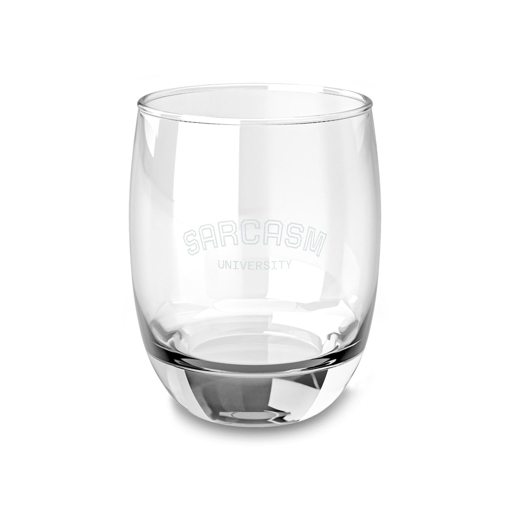 Engraved Whiskey Glass 6oz – "Sarcasm University" Stemless Rocks Glass, Funny Gift for Whiskey Lovers