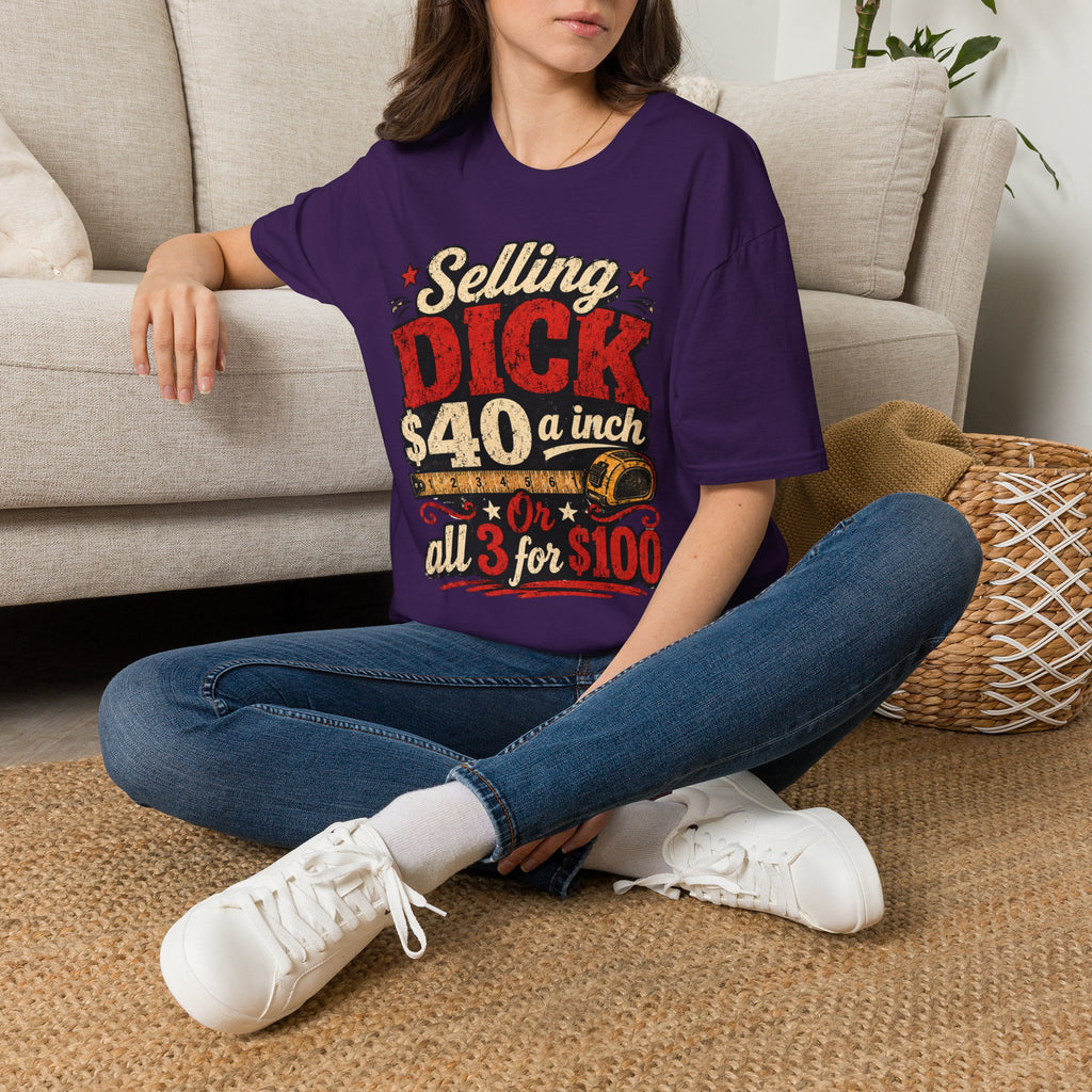 Funny Novelty T-Shirt — "Selling DICK 40 a Inch" Vintage Barnyard Humor Tee