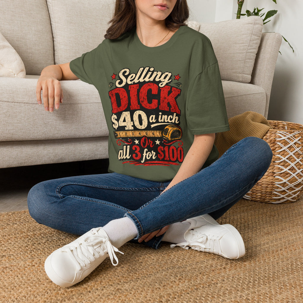 Funny Novelty T-Shirt — "Selling DICK 40 a Inch" Vintage Barnyard Humor Tee