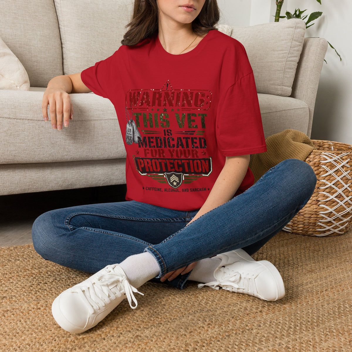 Veteran T-Shirt — "Warning: This Vet Is Medicated for Your Protection" Patriotic Tee