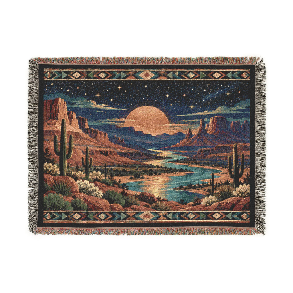 Desert Sunset Woven Blanket — Southwestern Scenic Throw with Moonlit Canyon Design - Battle Born Prints