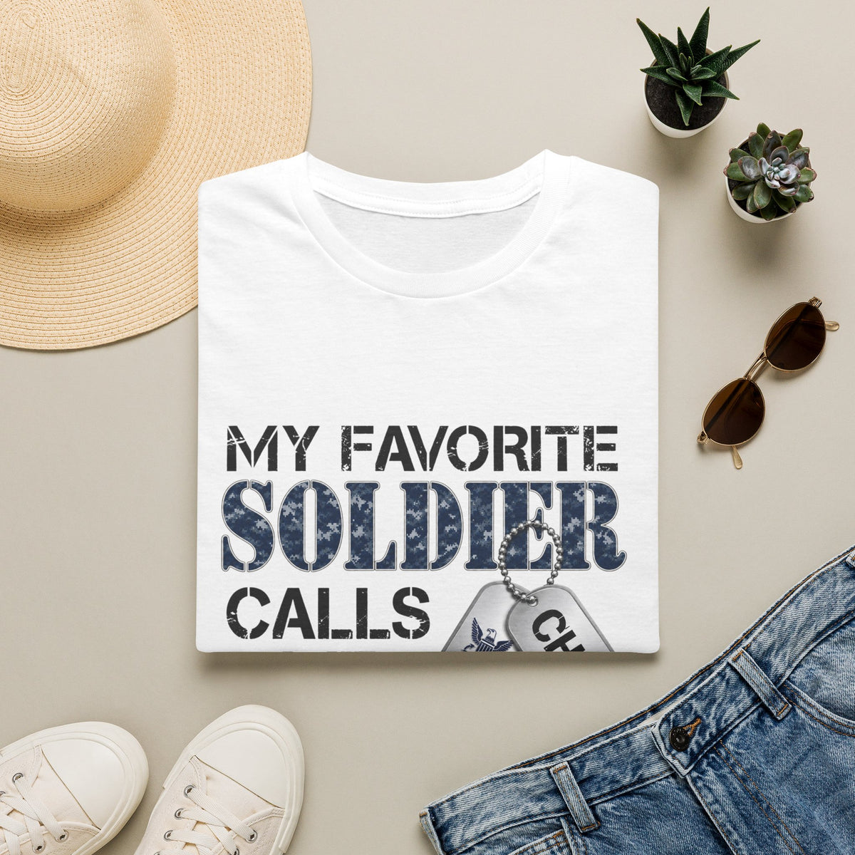 Soldier Calls Me Mom "Navy" T‑Shirt — My Favorite Soldier Dog Tag Military Mom Tee