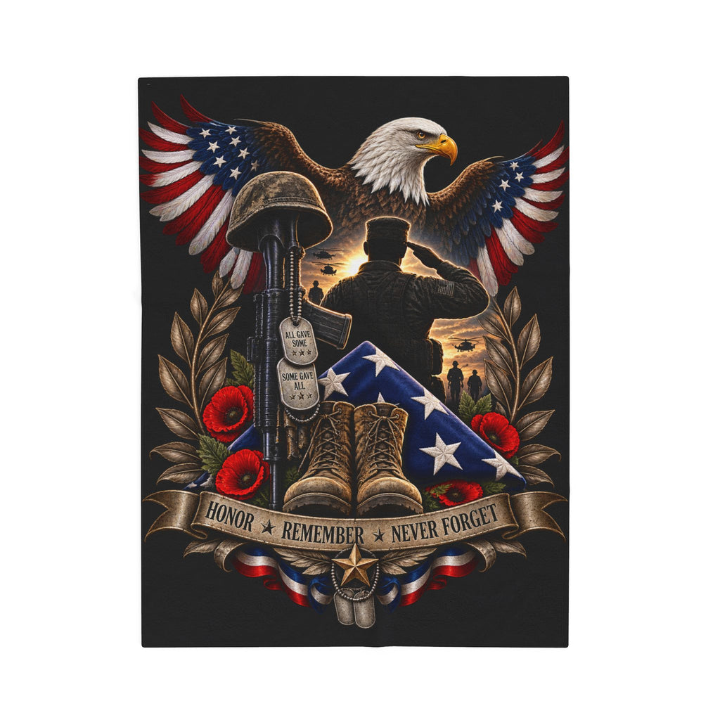 Patriotic Military Memorial Velveteen Plush Blanket — "Honor • Remember • Never Forget"