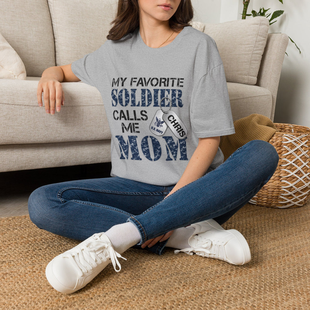 Soldier Calls Me Mom "Navy" T‑Shirt — My Favorite Soldier Dog Tag Military Mom Tee