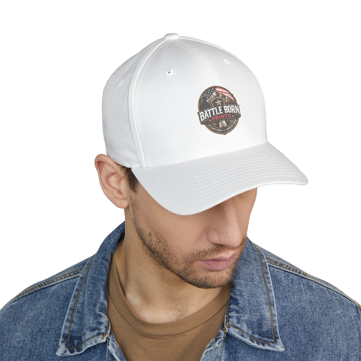 Battle Born Prints FlexFit Embroidered Cap — American Flag Patch Hat