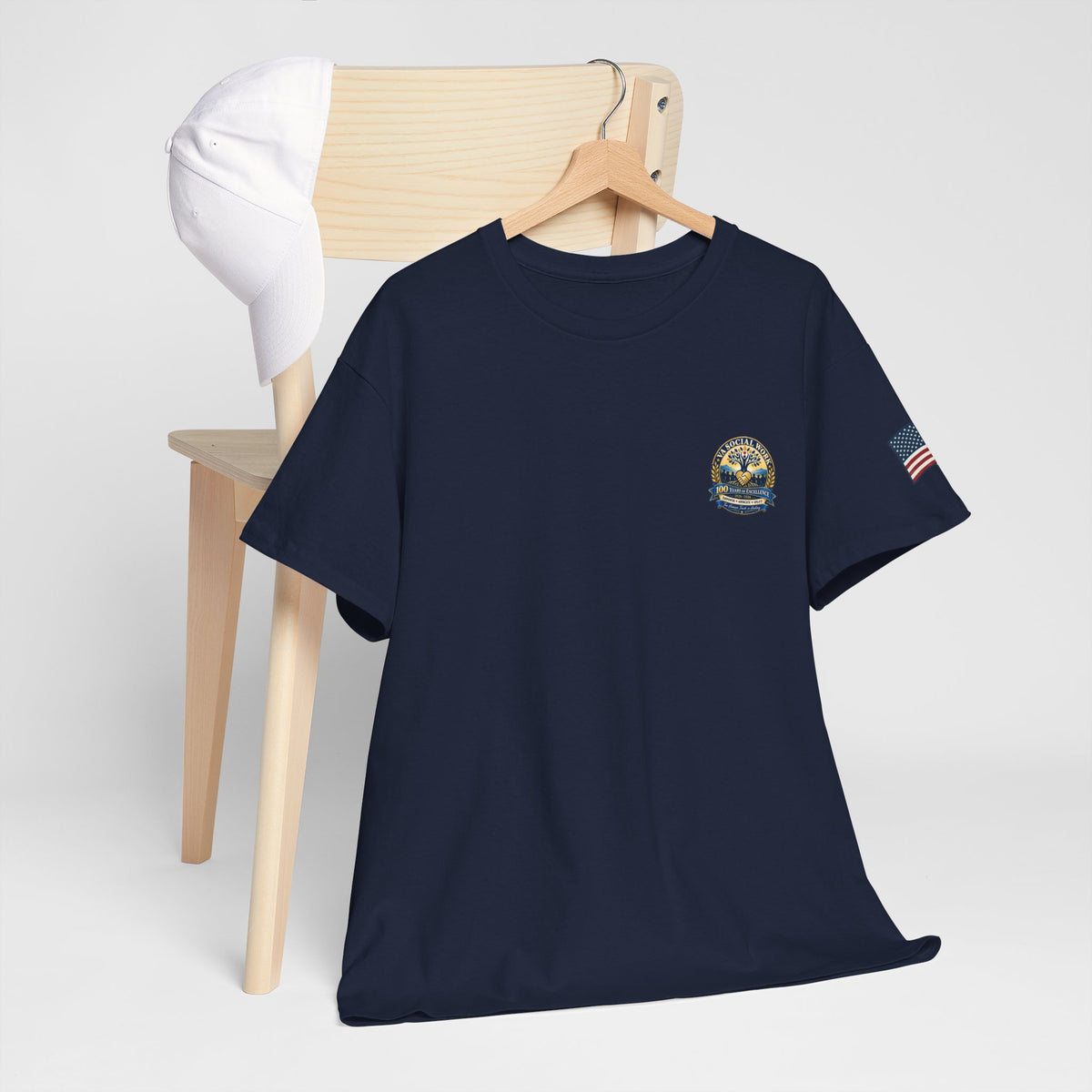 VA Social Work 100th Anniversary T-Shirt — Empower Advocate Uplift (American Flag Sleeve)